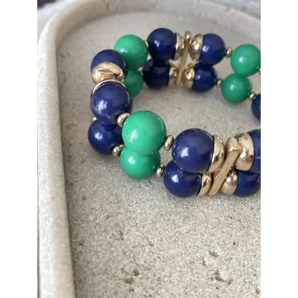 Chunky Beaded Stretch Bracelet Blue Green Gold Tone Preppy Statement Nautical‎
